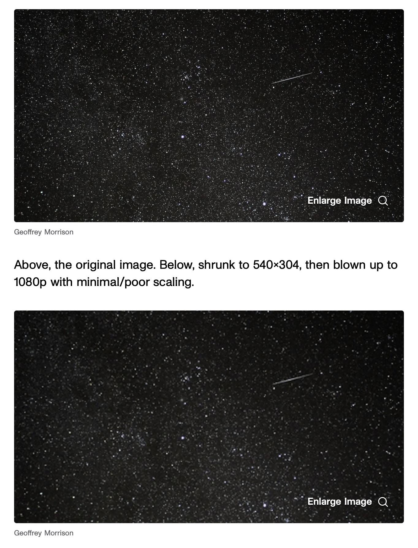 A snippet from a CNET article demonstrates that the 1080p version of an image of a starry night is rich with data, while the 480p compressed version loses a vast amount of visual data